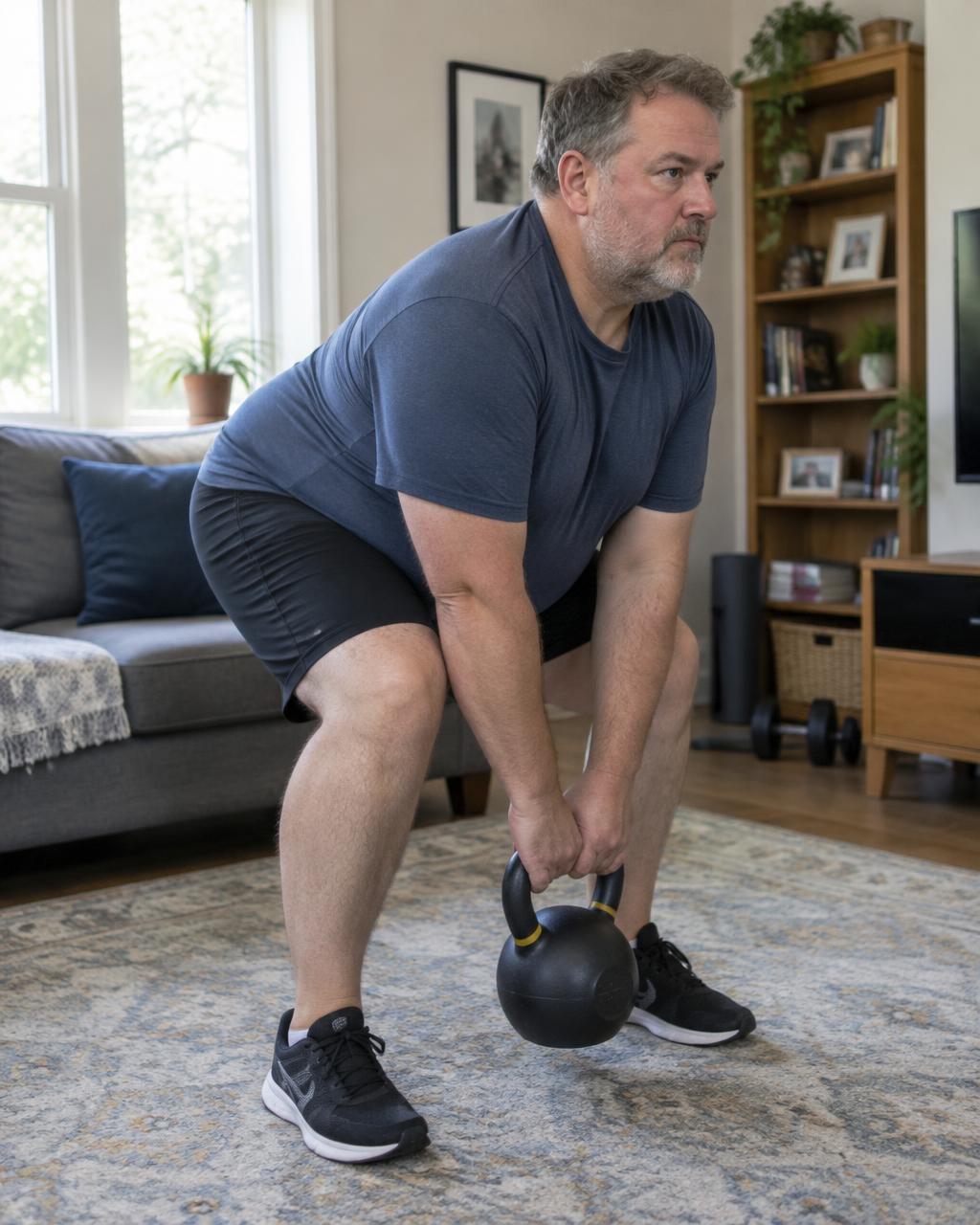 Man doing a kettlebell deadlift at home