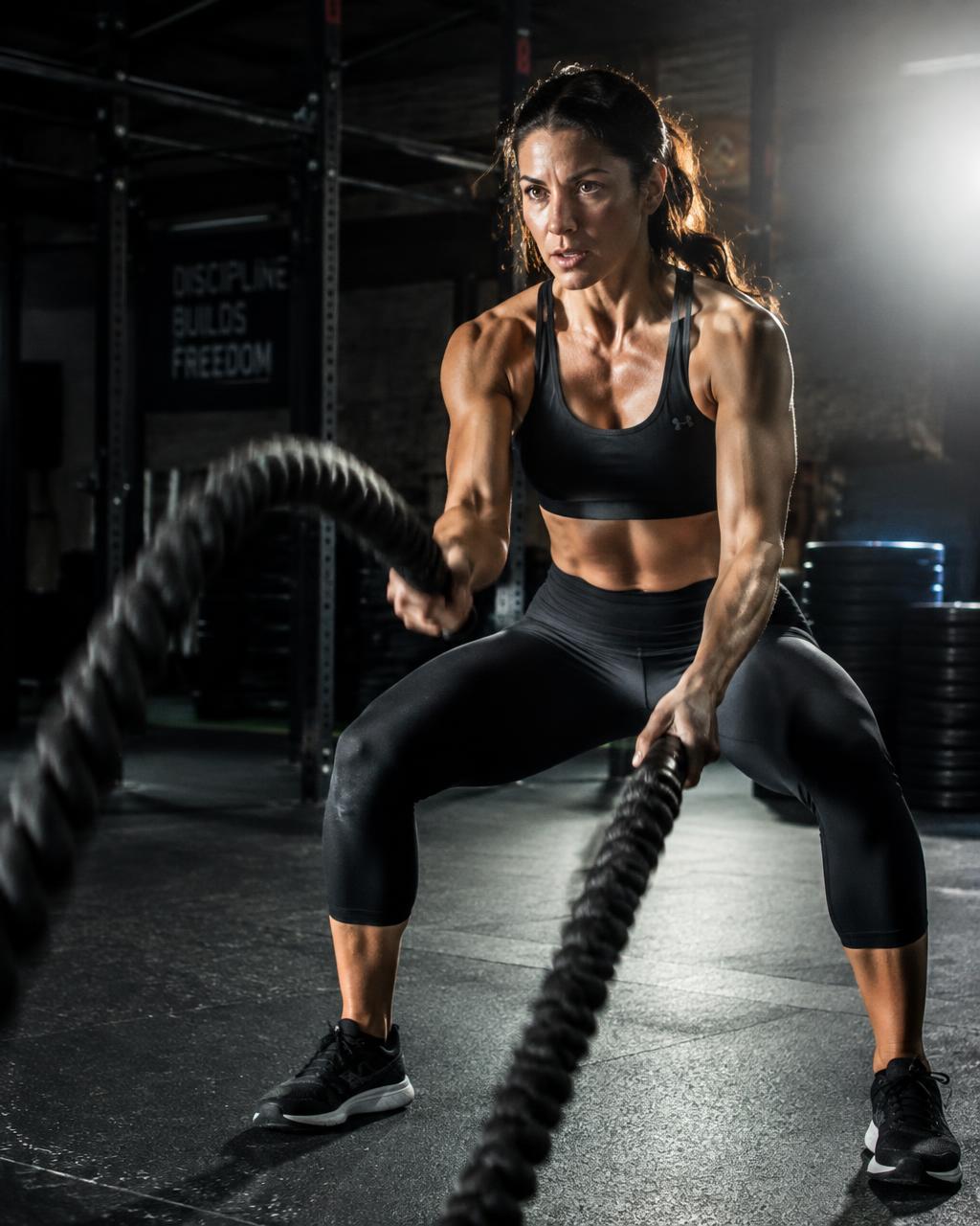 Woman training with battle ropes