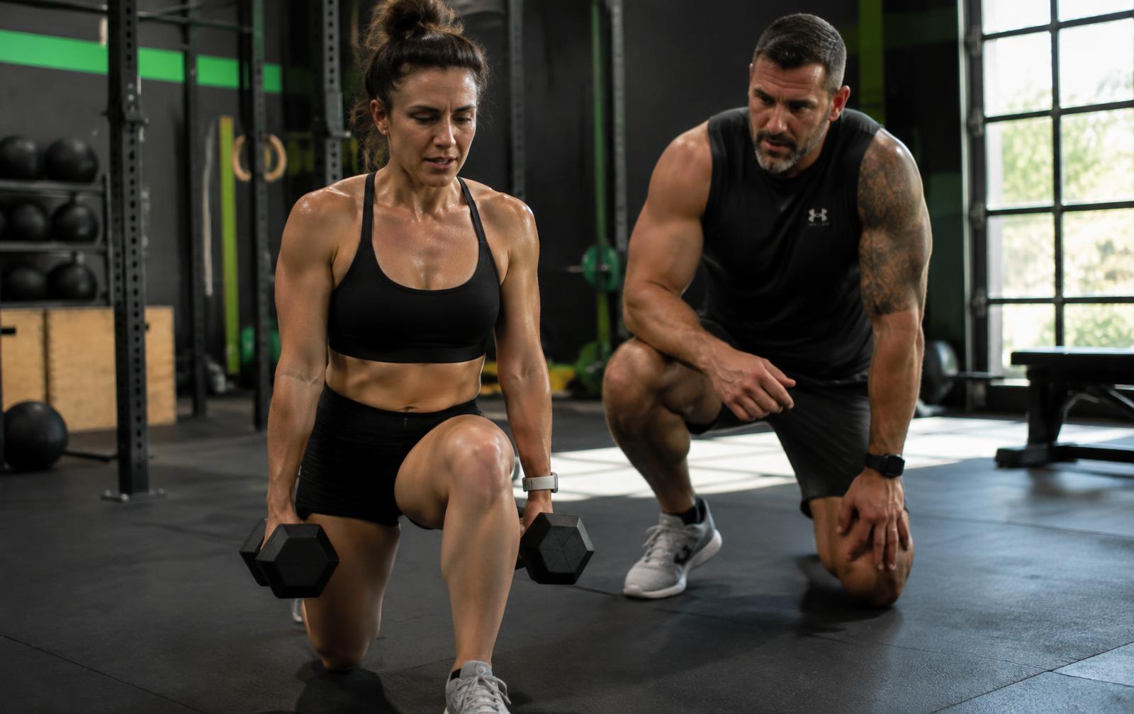 Jay coaching a client through a dumbbell lunge